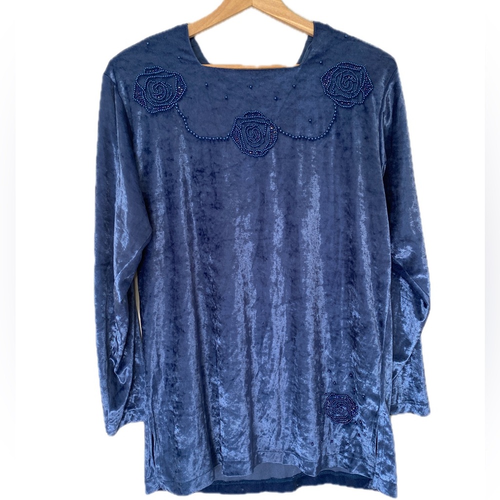 Vintage Lacy After Noon Blue Crushed Velvet Rose Beaded Long Sleeve Top Sz‎ M